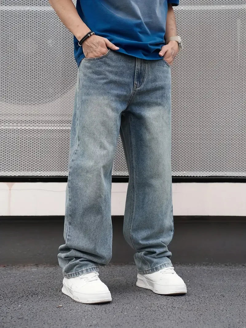 Men'S Casual Straight Wash Jeans - Light Blue, Loose Fit, Oblique Pocket, Comfortable Blend,