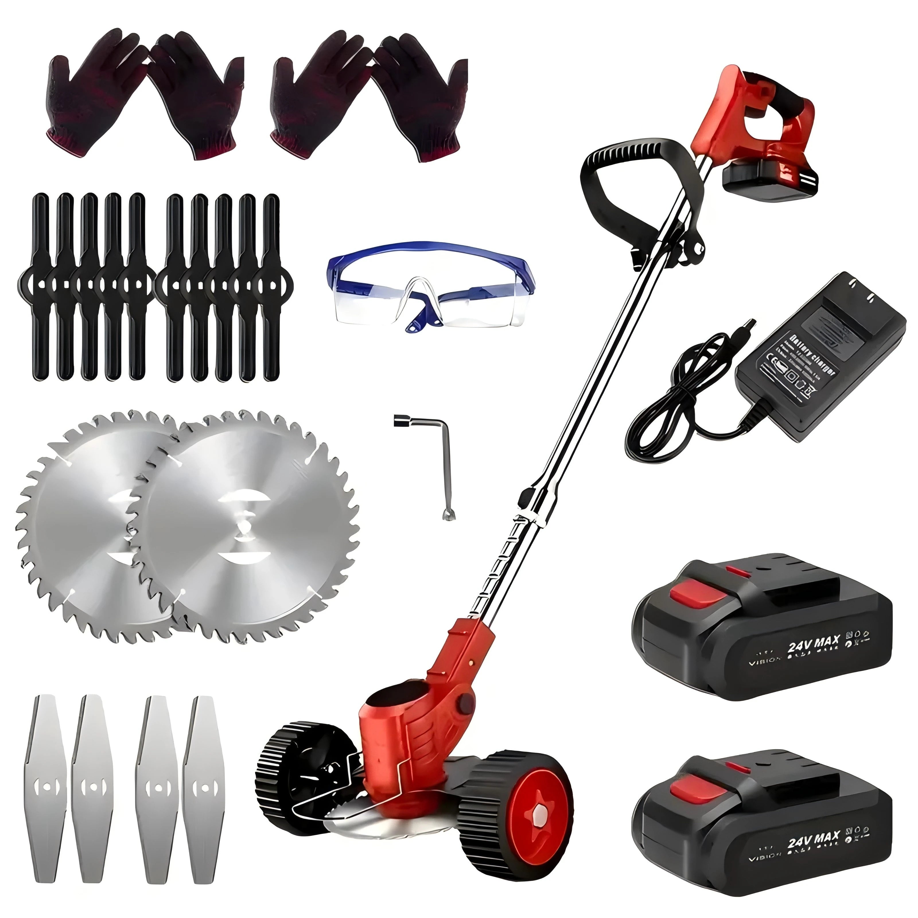 Cordless Lawn Trimmer Weed Wacker Lawn Mower Grass Edger with 2 Li-Ion Batteries Powered & 3 Cutting Blade Types