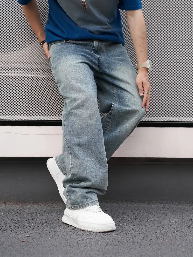 Men'S Casual Straight Wash Jeans - Light Blue, Loose Fit, Oblique Pocket, Comfortable Blend,