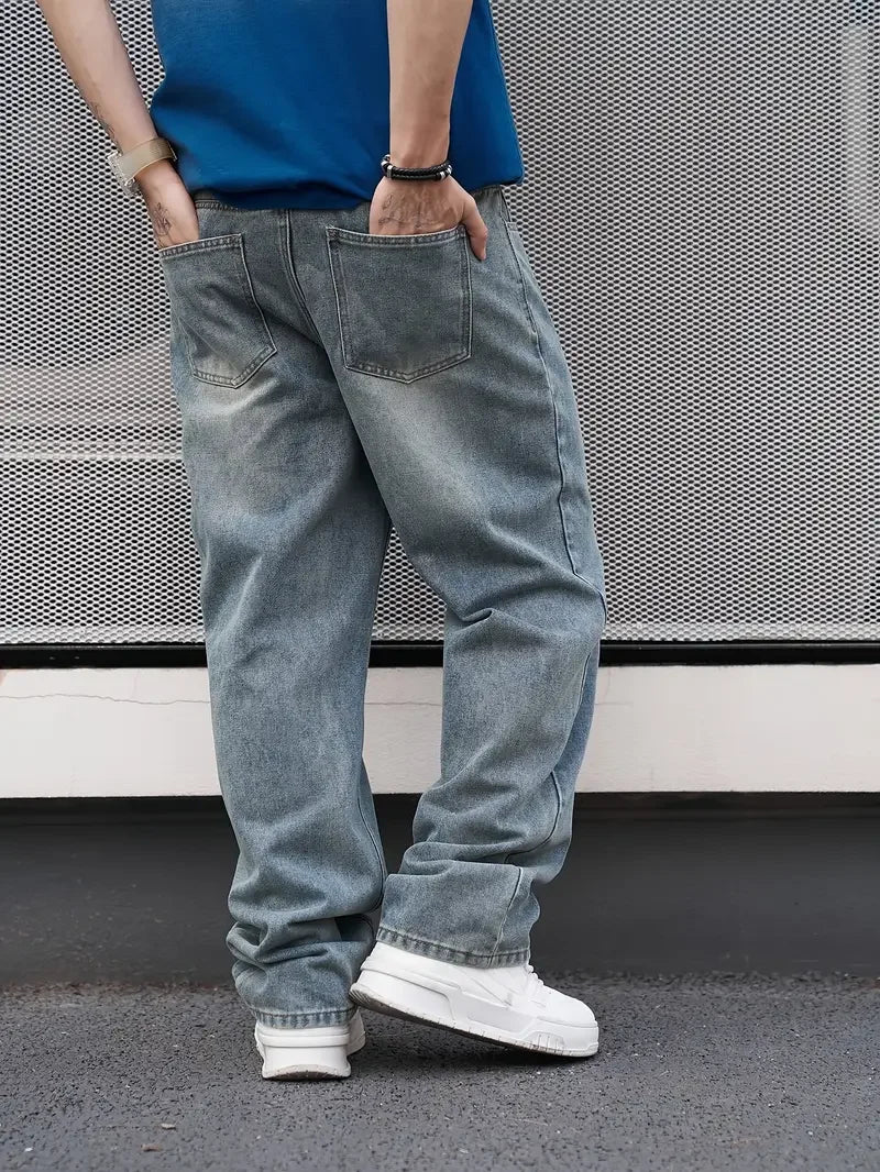 Men'S Casual Straight Wash Jeans - Light Blue, Loose Fit, Oblique Pocket, Comfortable Blend,