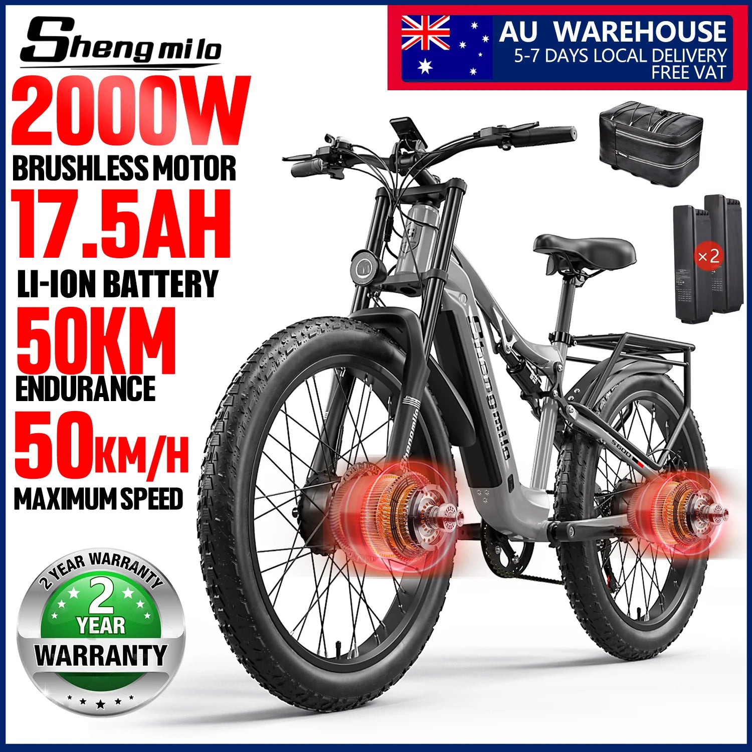 Shengmilo S600 26 inches adult electric 2000W dual motor ebike, 7-speed electric Fat Tire ebike17.5ah