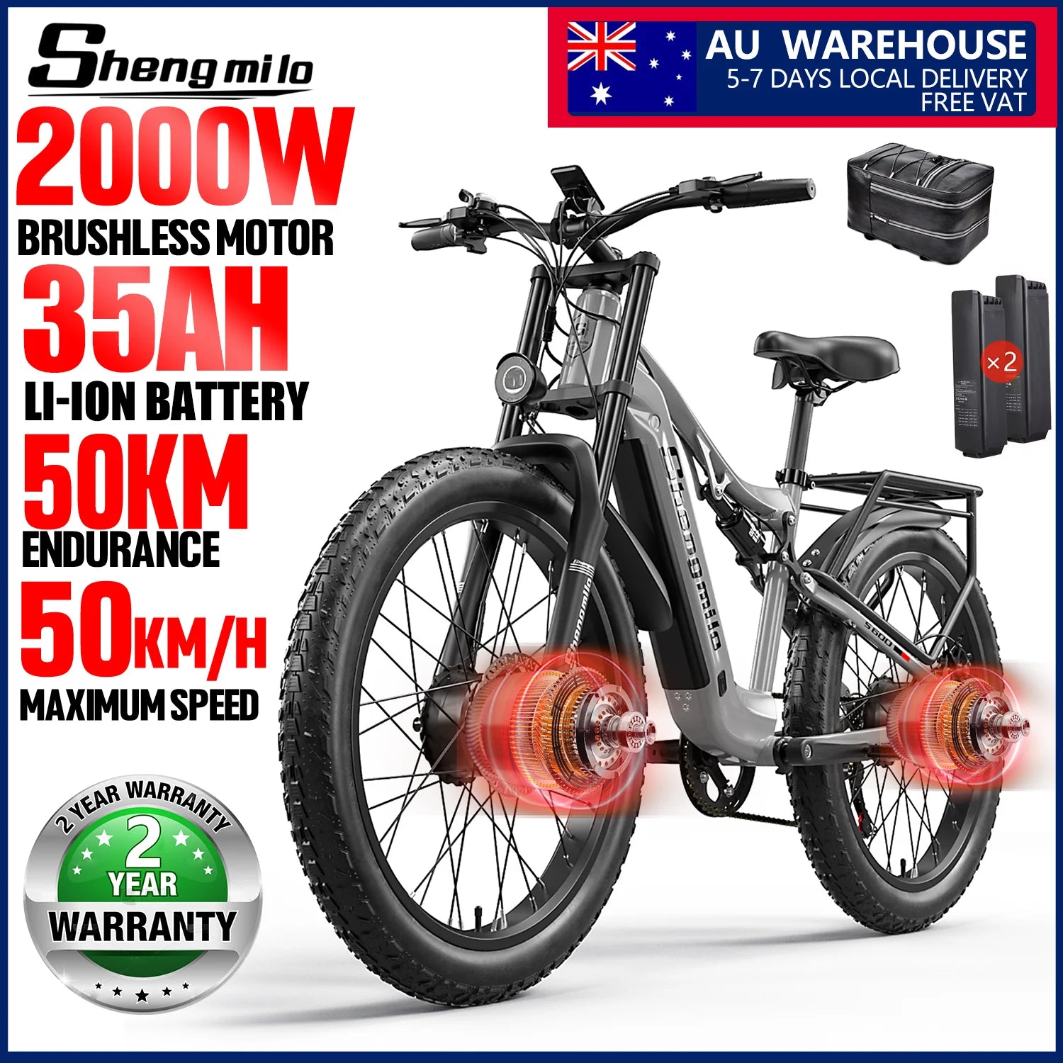 Shengmilo S600 26 inches adult electric 2000W dual motor ebike, 7-speed electric Fat Tire ebike17.5ah