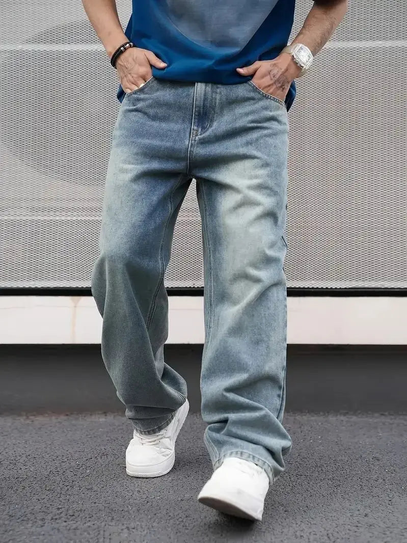 Men'S Casual Straight Wash Jeans - Light Blue, Loose Fit, Oblique Pocket, Comfortable Blend,