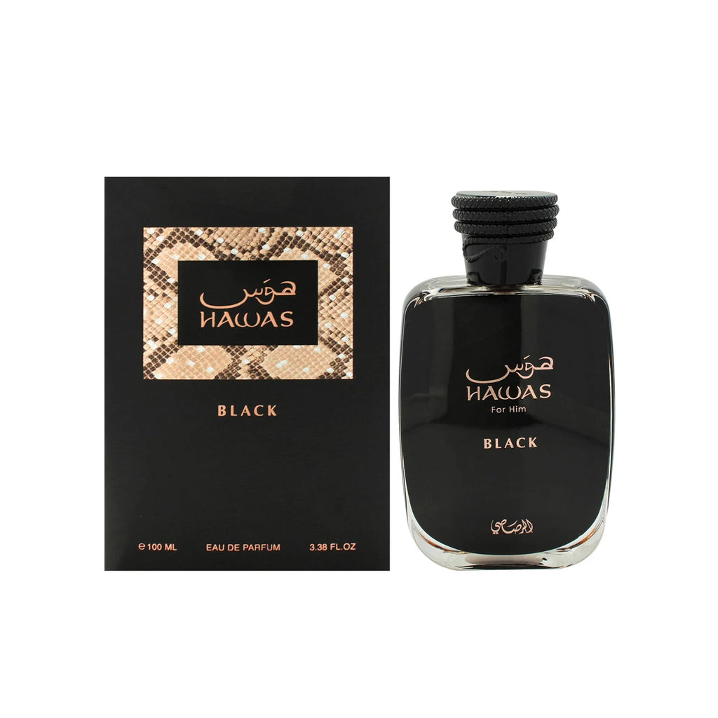 Rasasi Hawas Black Eau de Parfum Spray for Men – Intense Woody Spicy & Smoky Amber Scent, Long-Lasting Premium Arabian Fragrance, Perfect Gift, 3.4 fl oz / 100 ml