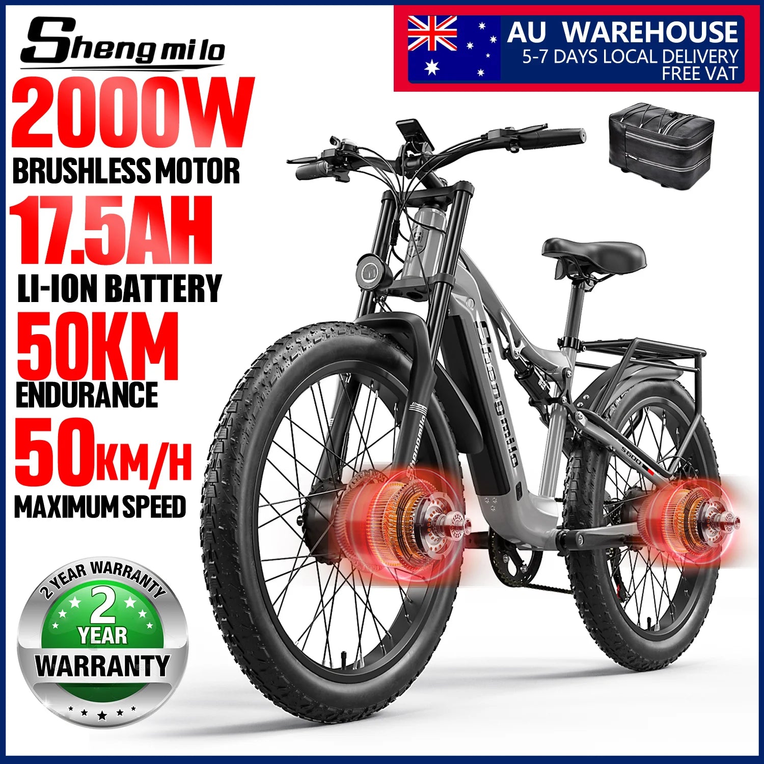 Shengmilo S600 26 inches adult electric 2000W dual motor ebike, 7-speed electric Fat Tire ebike17.5ah