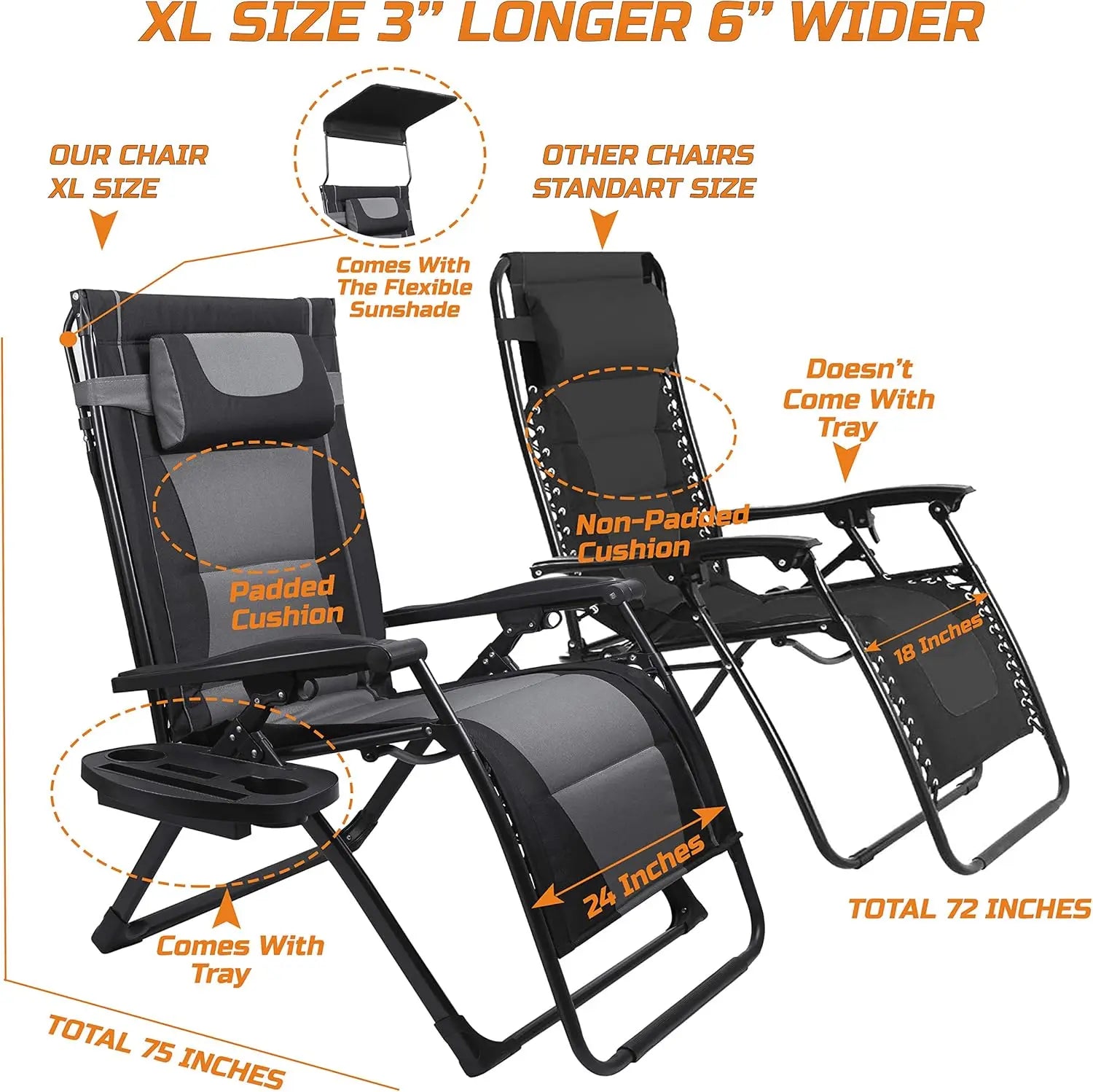 XXL Oversize Recliner Folding Chair Zero Gravity Extra Wide Reclining Padded Seats with Sunshade
