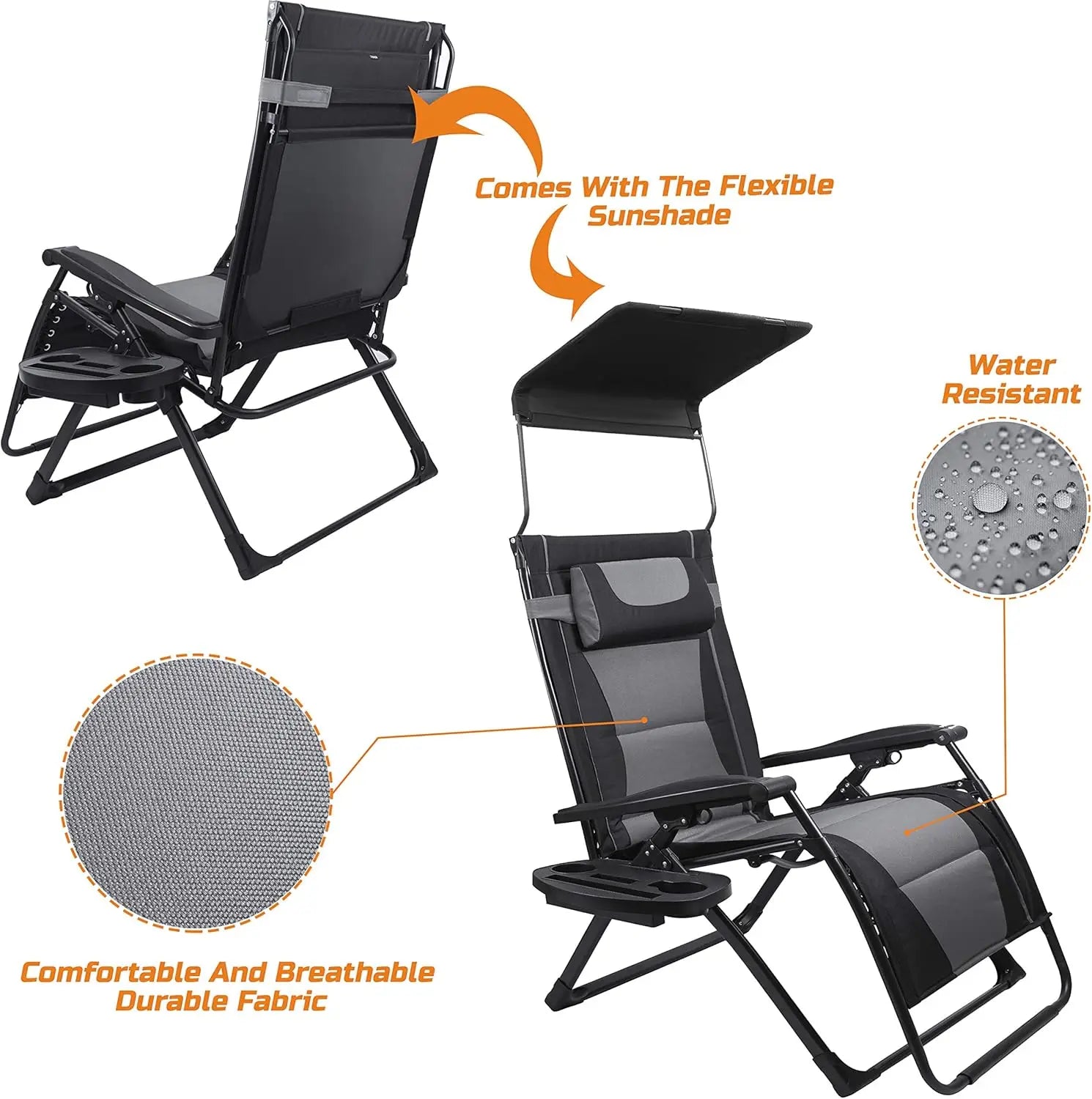 XXL Oversize Recliner Folding Chair Zero Gravity Extra Wide Reclining Padded Seats with Sunshade
