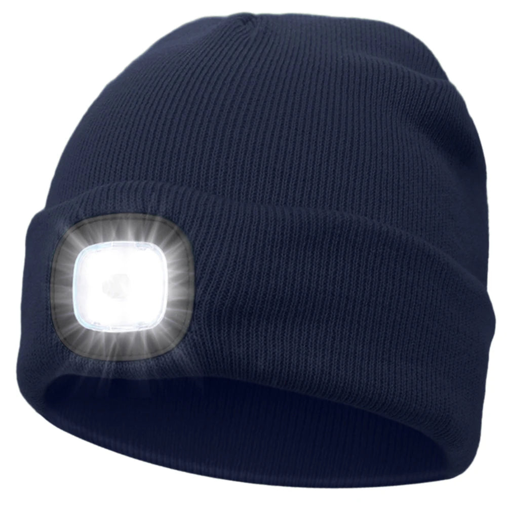 Winter Warm Knit Beanie 8 Hours High Powered Light 4 LED, USB Rechargeable Hands Free Headlamp Cap