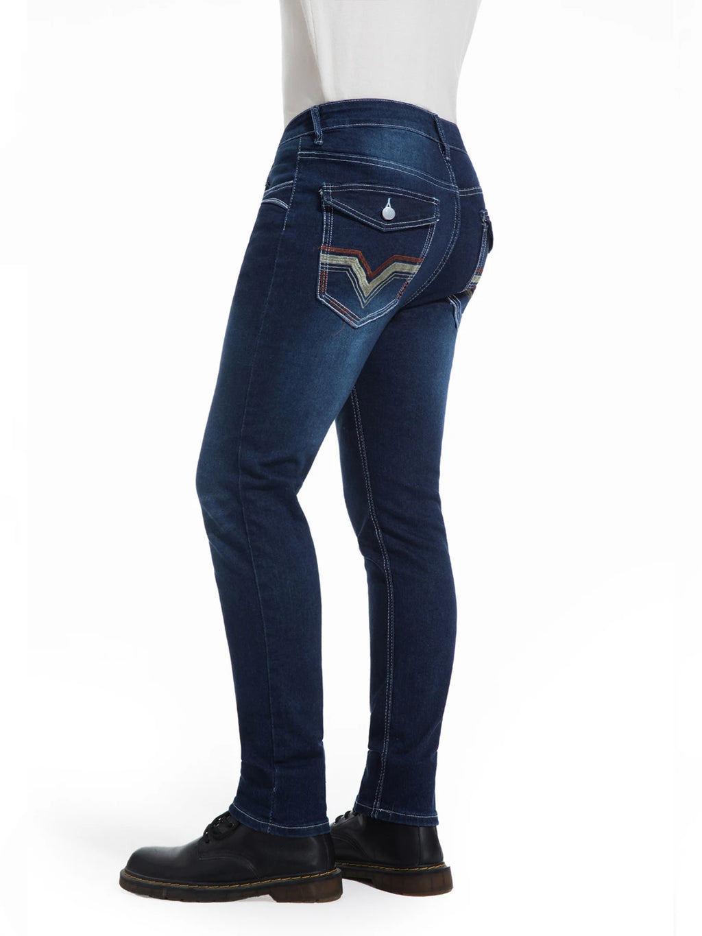 Men's deep blue elastic embroidered casual stretch jeans, street style, solid color,