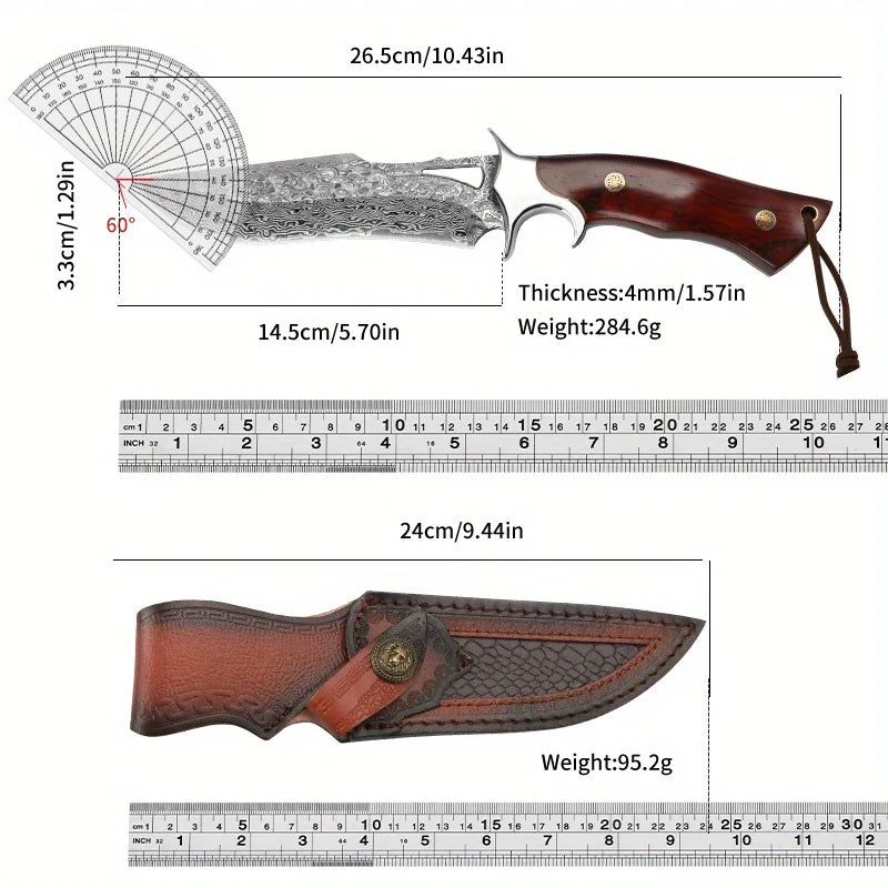 Damascus advanced straight knife, wooden handle and leather scabbard, fast cutting