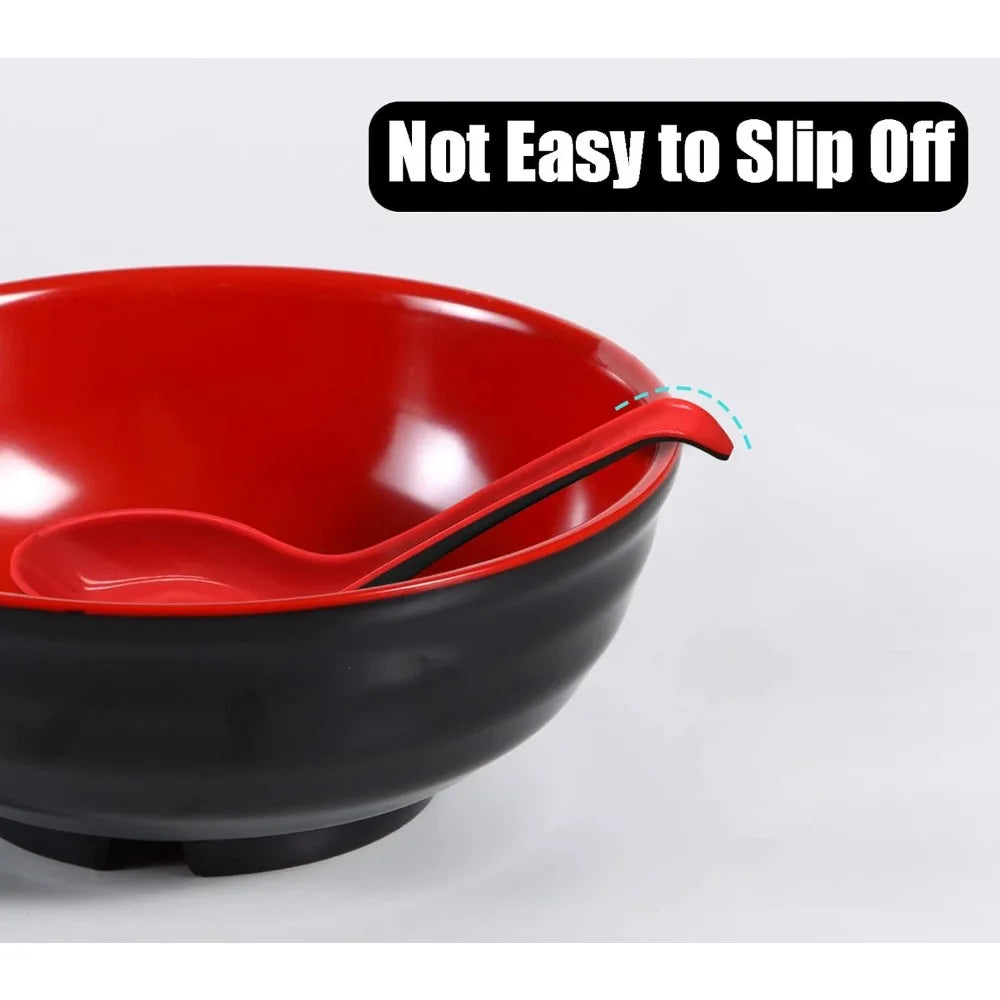 2PCS Wonton Soup Spoons, Chinese Japanese Miso Ramen Dumpling Pho Rice Noodle Soba Soup Spoons, Red and Black Melamine Spoons