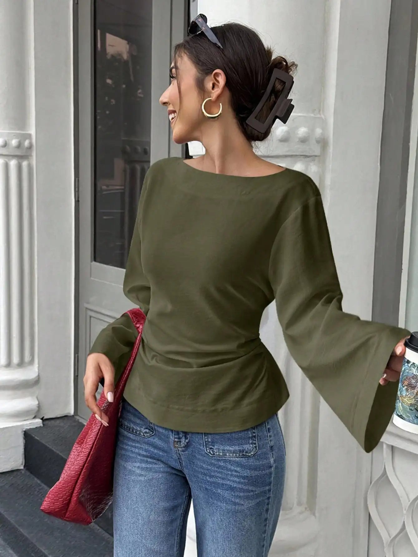 Women's Solid Black Waist-Cinched Flare Sleeve Blouse for Autumn