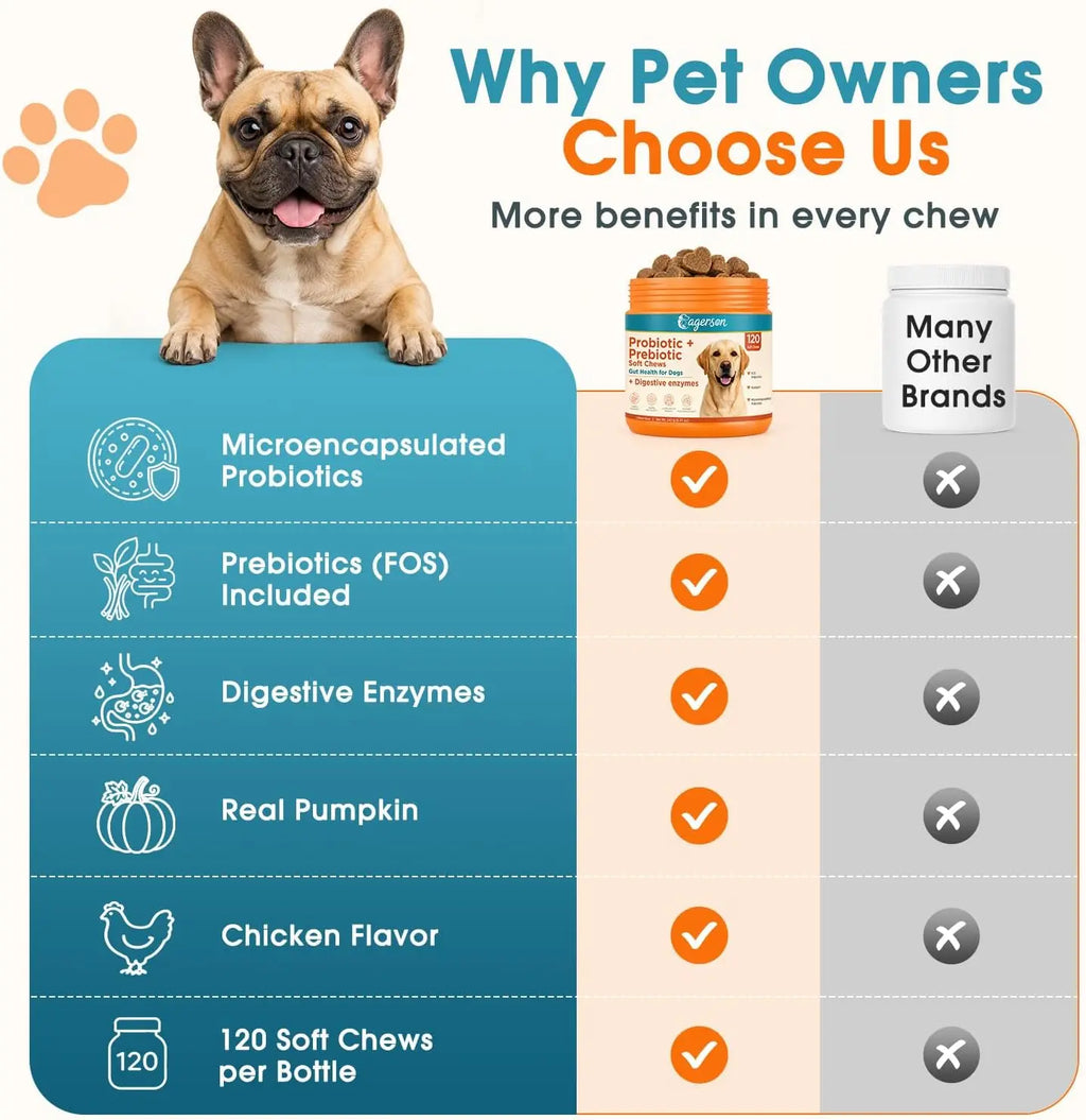 120 Soft Chews Probiotics for Dogs Digestion & Stool Support – Bacillus Coagulans + FOS Prebiotics + Digestive Enzymes Formula