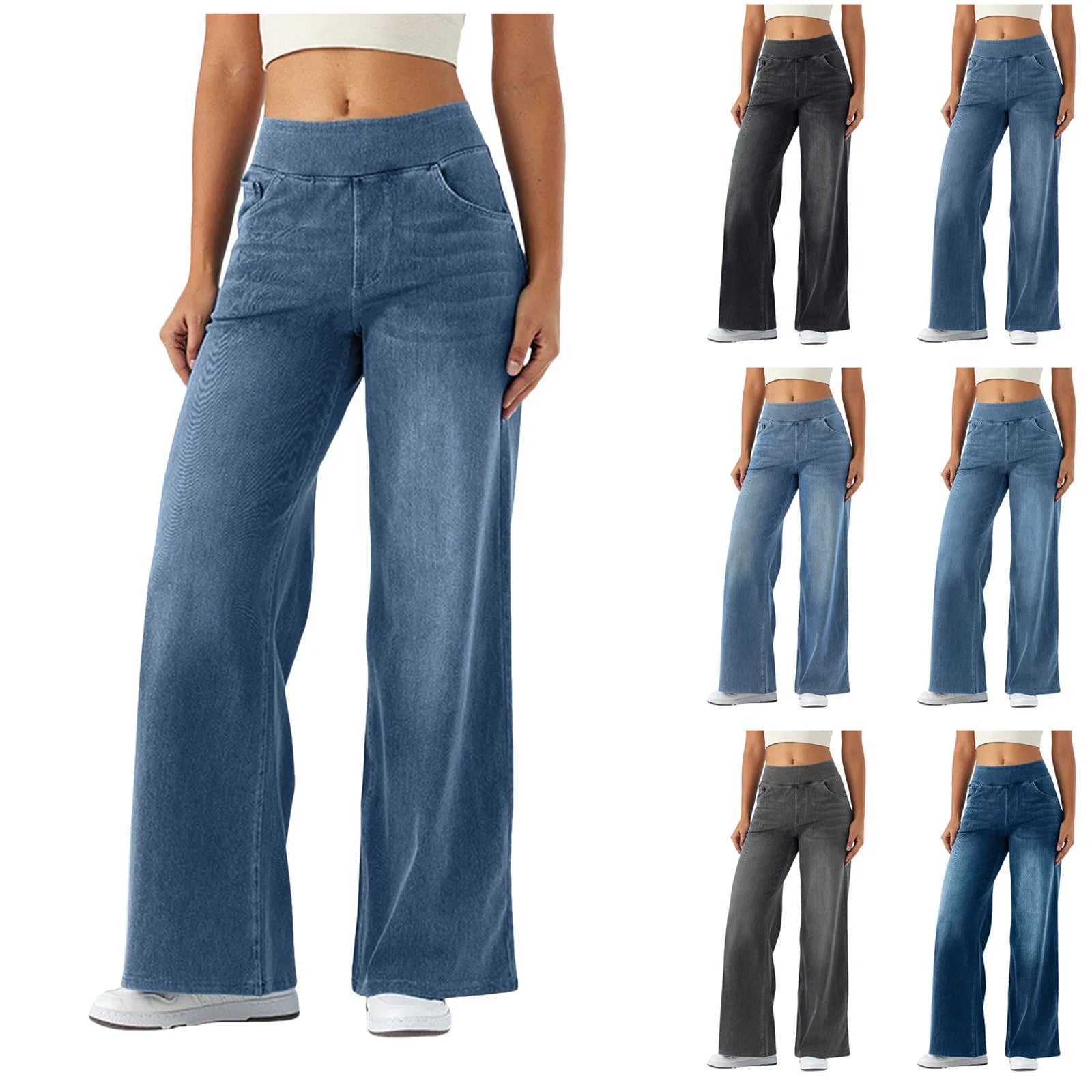 Casual Baggy Jeans Women's Elastic Waistband Wide Leg Jeans Elegant Slim Fit Denim Trousers American Retro Denim Palazzo Pants