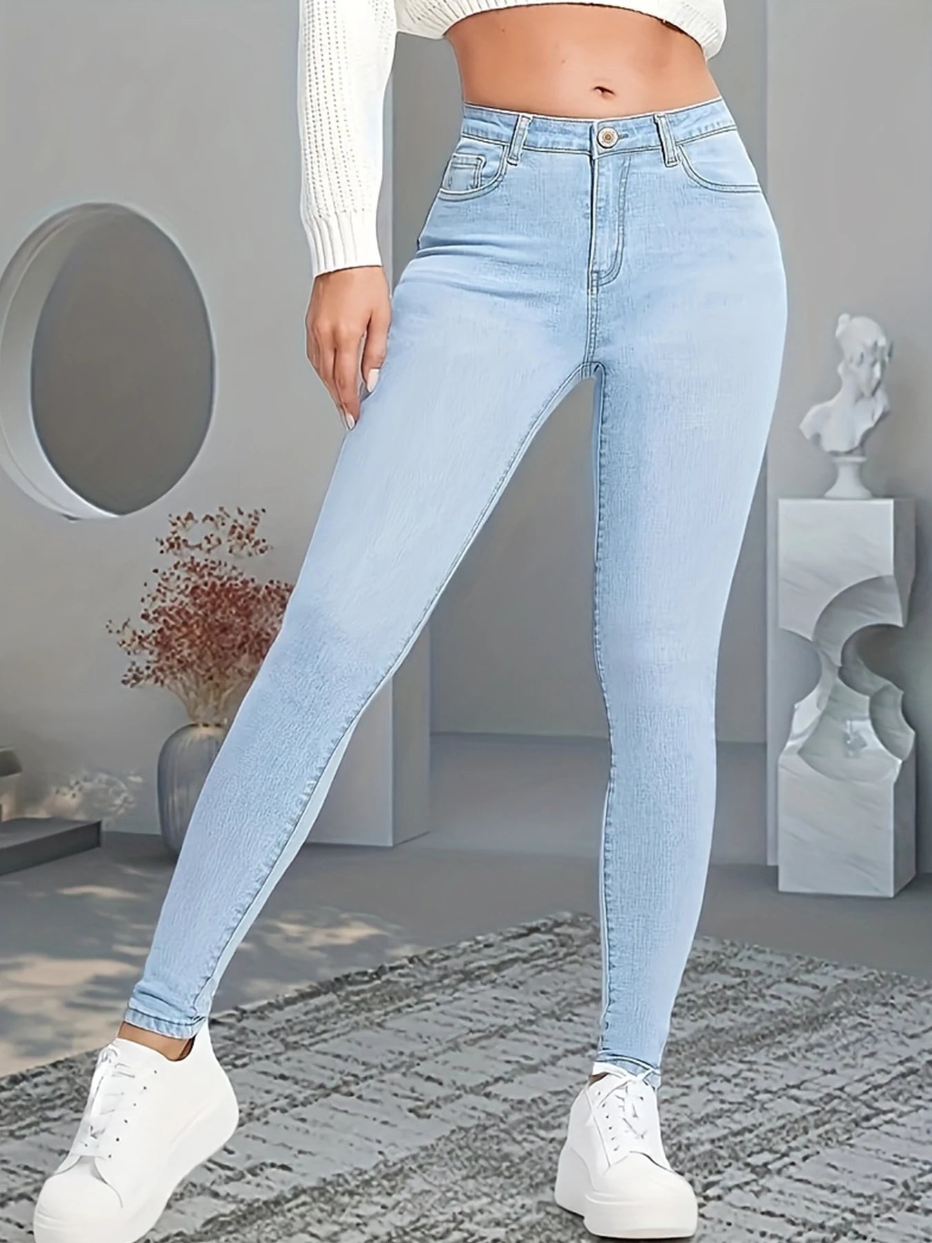 Women's High Waisted Elastic Slim Fit Jeans Slanted Pockets Washed Blue