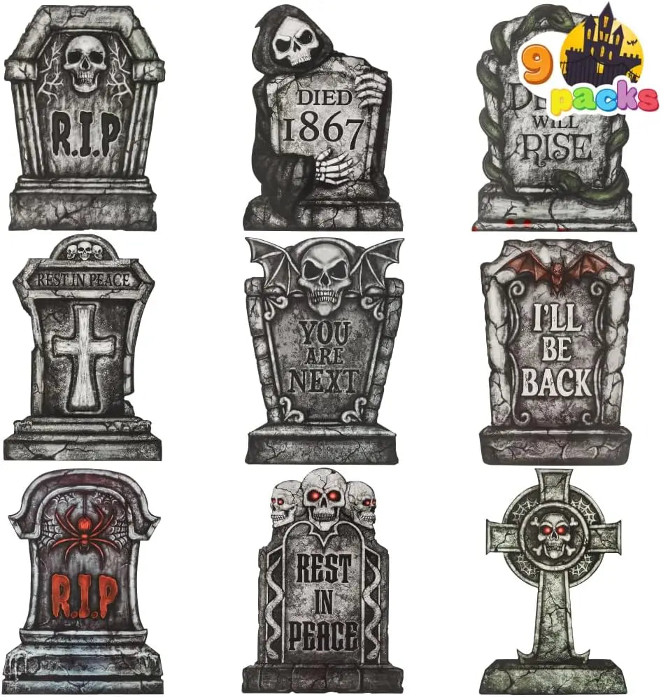 9 Pcs Tombstones Halloween Decorations Outdoor Graveyard Decor Plastic Headstones with 18 Metal Stakes