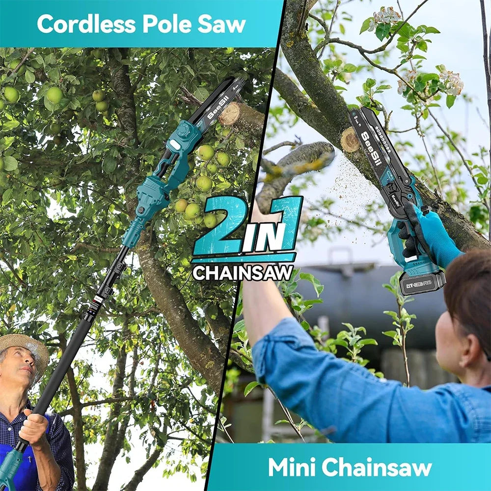 Seesii 2 in 1 Cordless 6" 8'' Pole Saw Mini Chainsaw Power Electric Chain Saw with Extension Pole