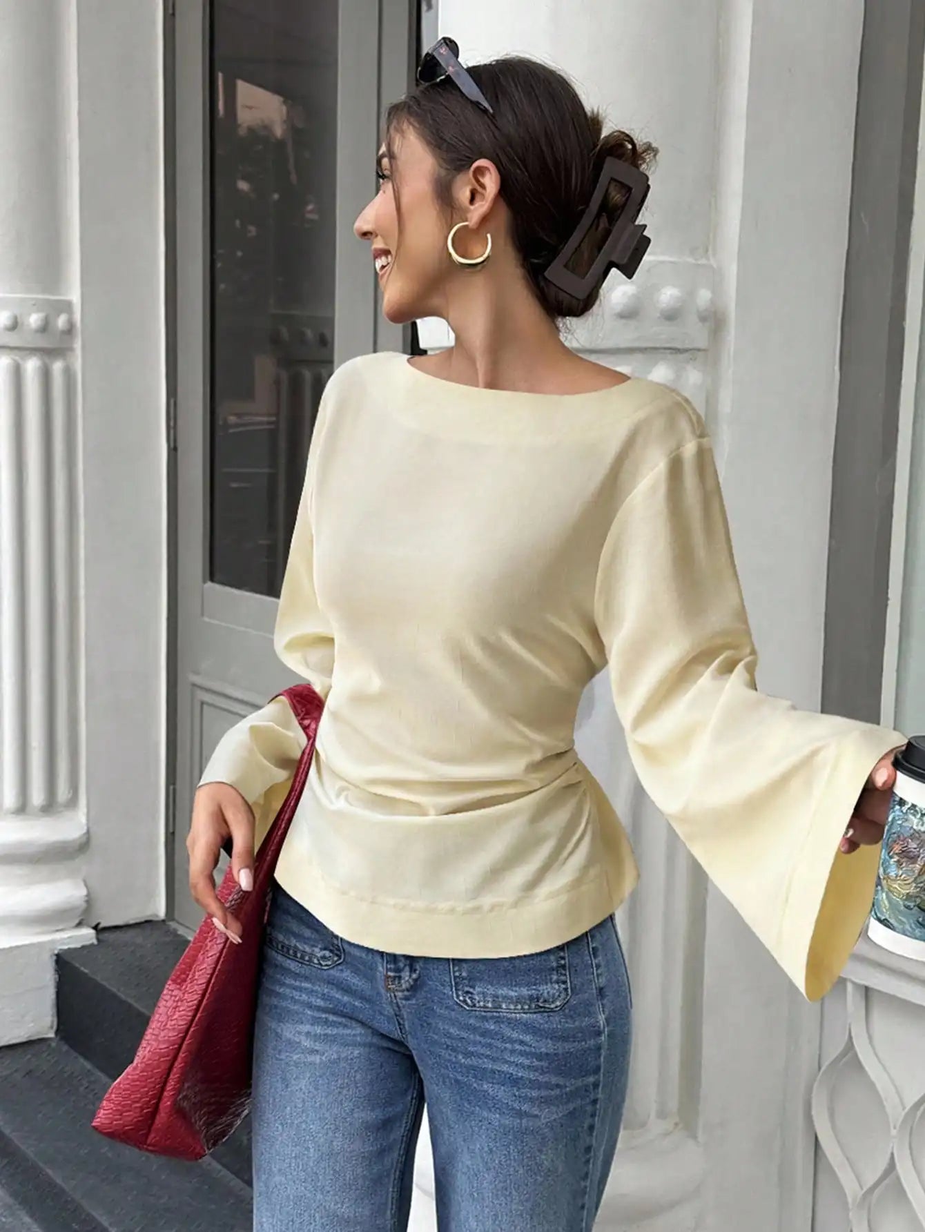 Women's Solid Black Waist-Cinched Flare Sleeve Blouse for Autumn