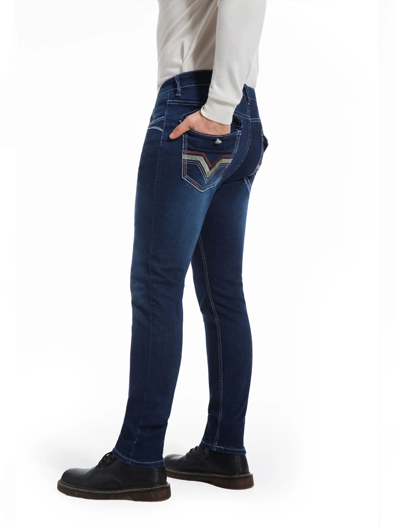 Men's deep blue elastic embroidered casual stretch jeans, street style, solid color,