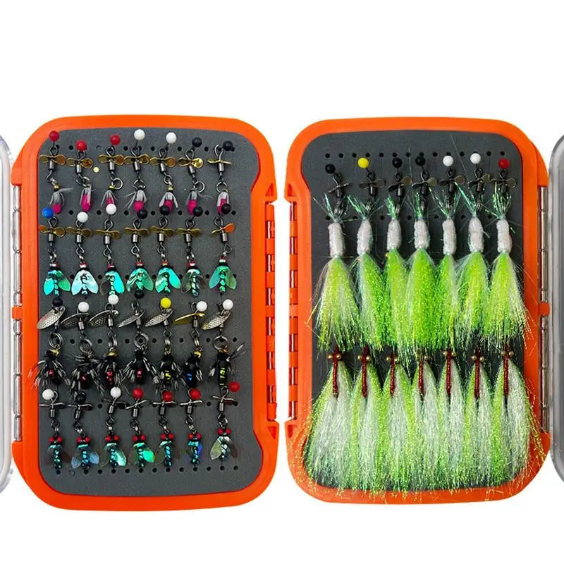 42pcs/set Ice Fishing Jigs Kit Simulated Fishing Fly Hook Set Lifelike Double Layer Fly Fishing Lure Box
