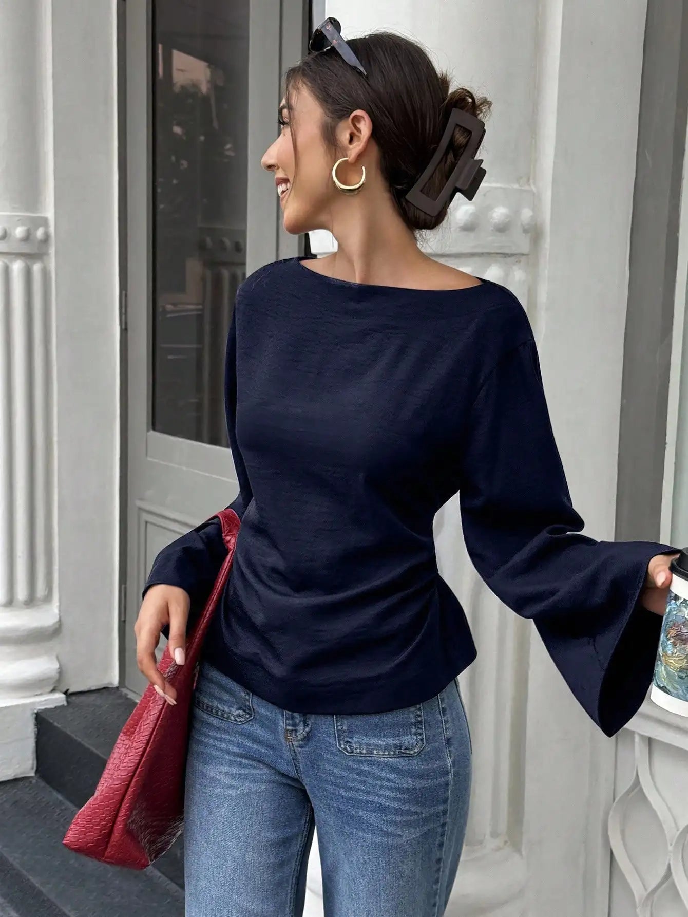 Women's Solid Black Waist-Cinched Flare Sleeve Blouse for Autumn