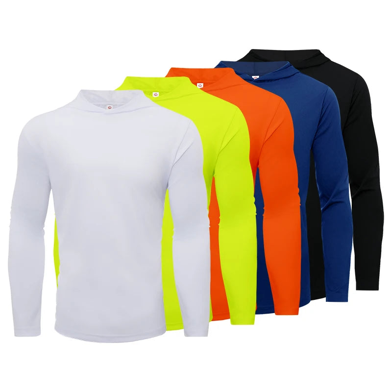5pcs Men's T-shirt Sports Long Sleeved Shirts Hooded Solid Color Breathable Casual Shirt Suitable