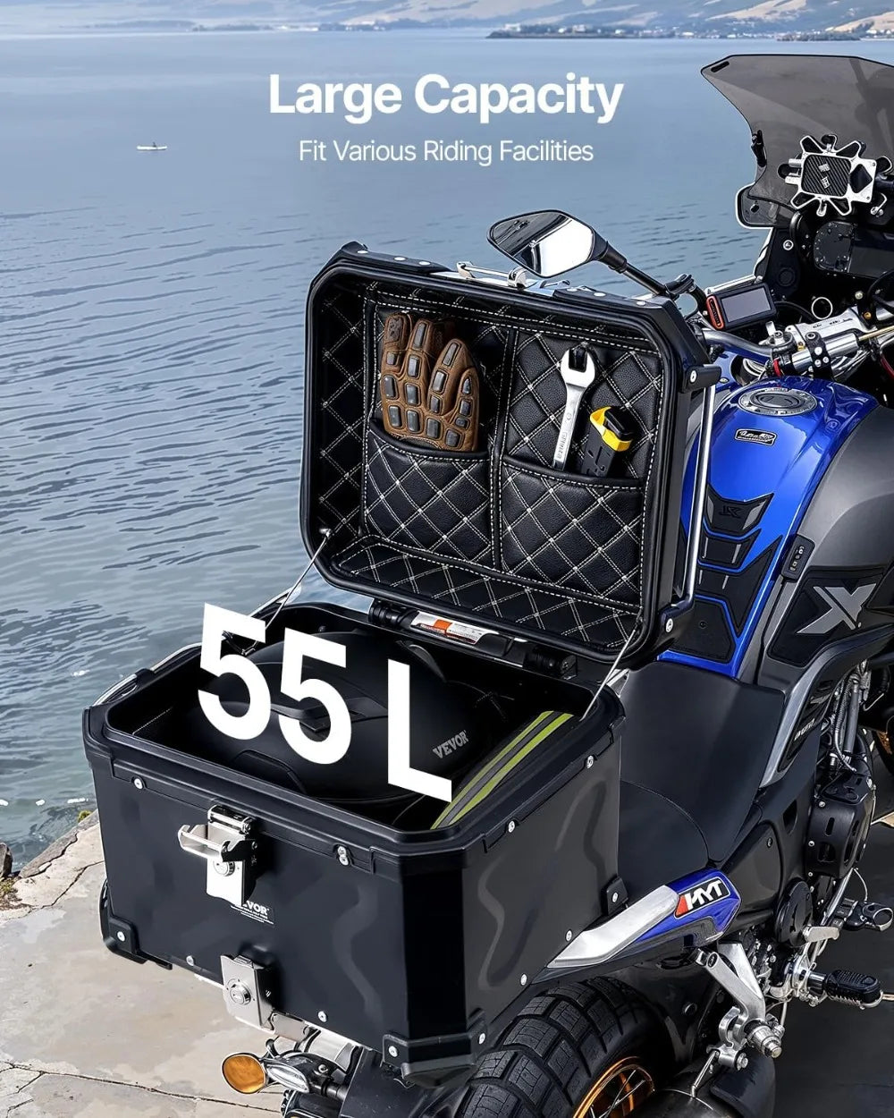 55L Universal Motorcycle Top Box, Waterproof Aluminum Alloy Tail Trunk with Lock & Back Cushion