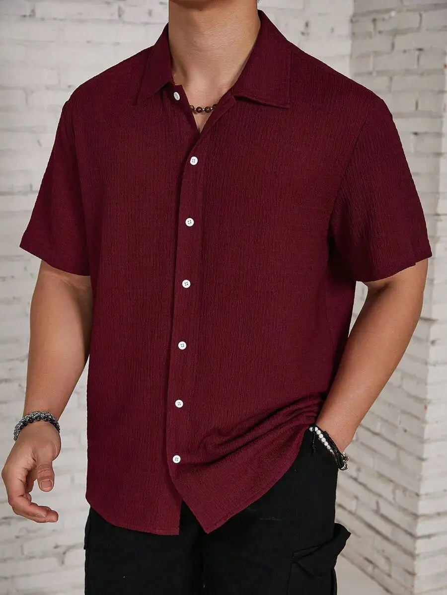 Men's Textured Knit Short Sleeve Button-Front Shirt, Loose Fit