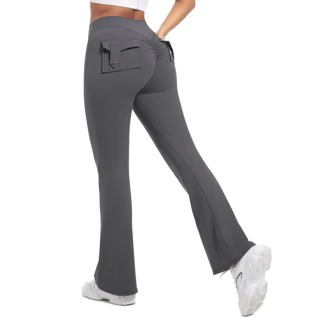 Women's Yoga Flare Trousers, High-Waisted Tummy-Control Wide-Leg Trousers Outdoor Casual Leggings with Pockets,