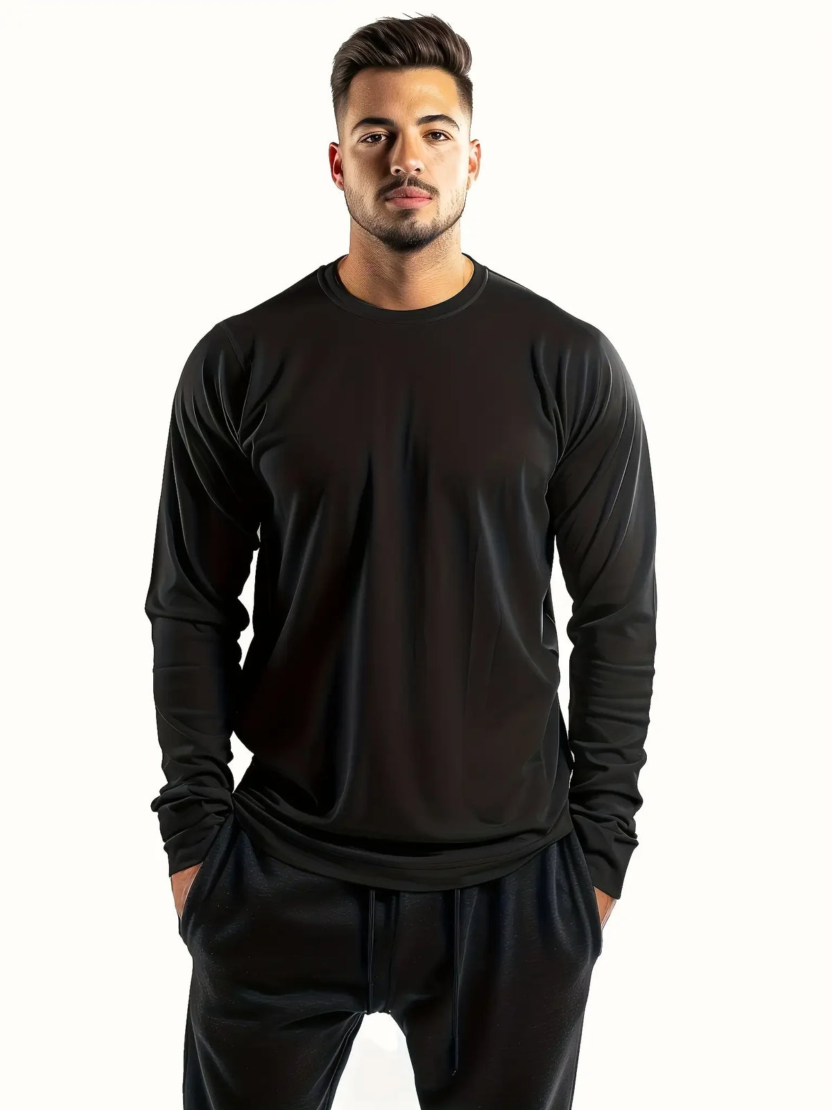 5-piece men's solid color round neck long sleeved T-shirt, versatile design, comfortable