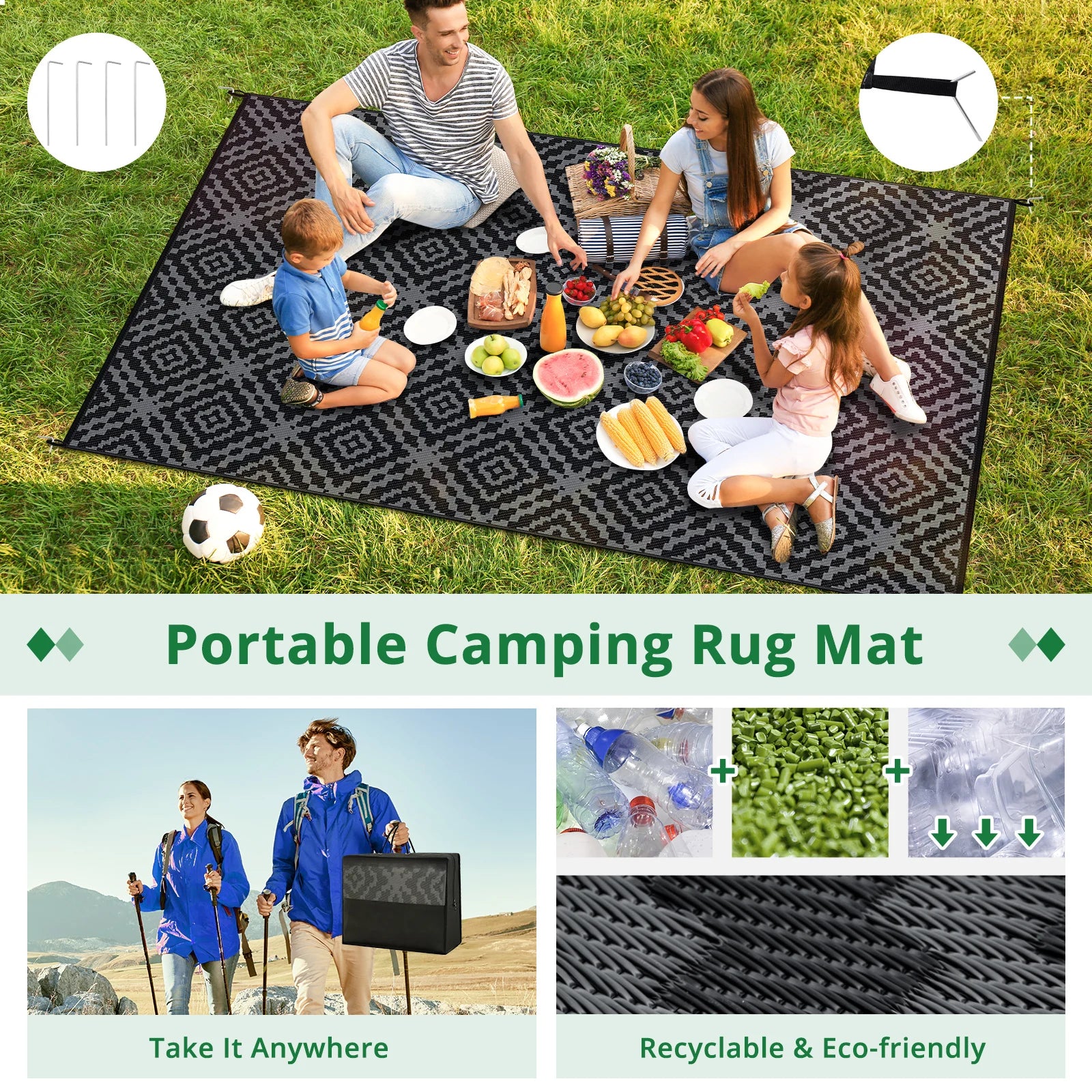 Camping Rug Waterproof 6x9FT Reversible Stain&UV Resistant Plastic Straw with Portable Bag&4 Stakes