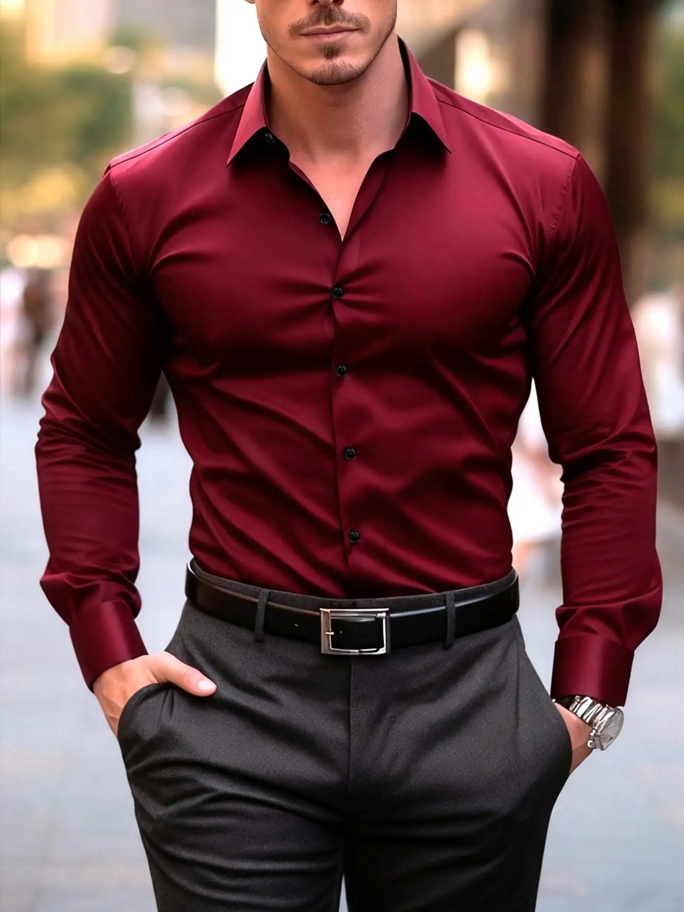 Men's Solid Long Sleeve Formal Dress Shirt