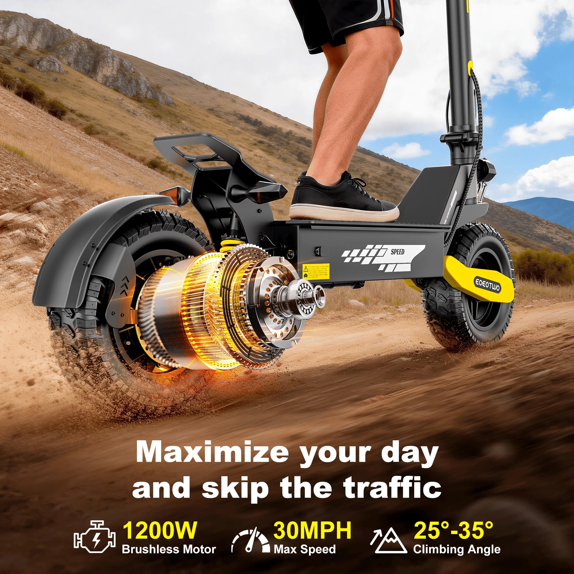 1200W Off Road Electric Scooter 48V Long Range E-Scooter 30MPH Fast Speed 11" Tubeless Tire Foldable Kick Scooter