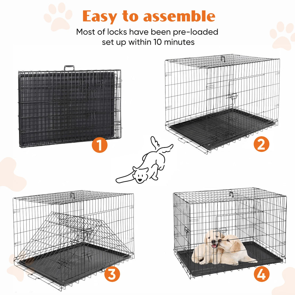 JHK Double Door Folding Metal Wire - Plastic Leak-Proof Pan Tray Extra Large Pet