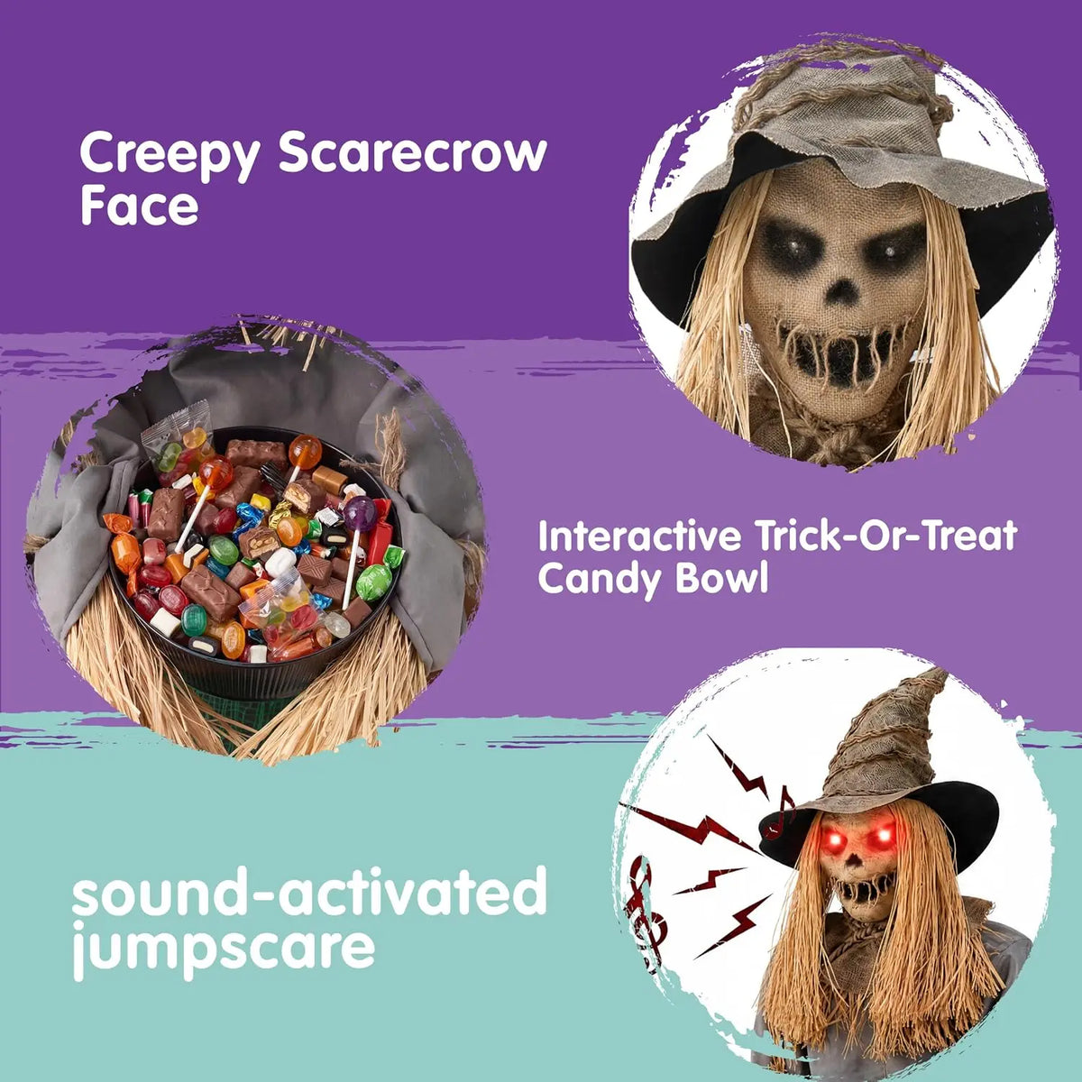 49" Halloween Animatronic Sitting Scarecrow, Halloween Sound Activated Jump Scare Prop with LED Eyes, Spooky Sounds