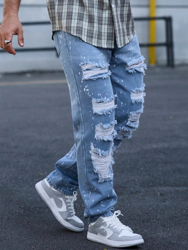 Men's ink-splattered ripped jeans, street-style American hip-hop pants