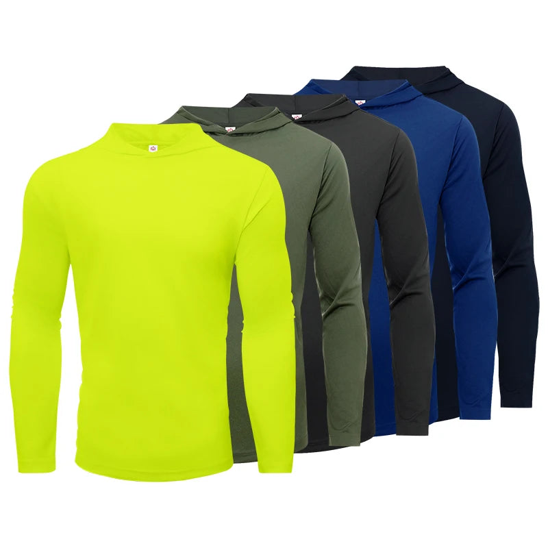 5pcs Men's T-shirt Sports Long Sleeved Shirts Hooded Solid Color Breathable Casual Shirt Suitable