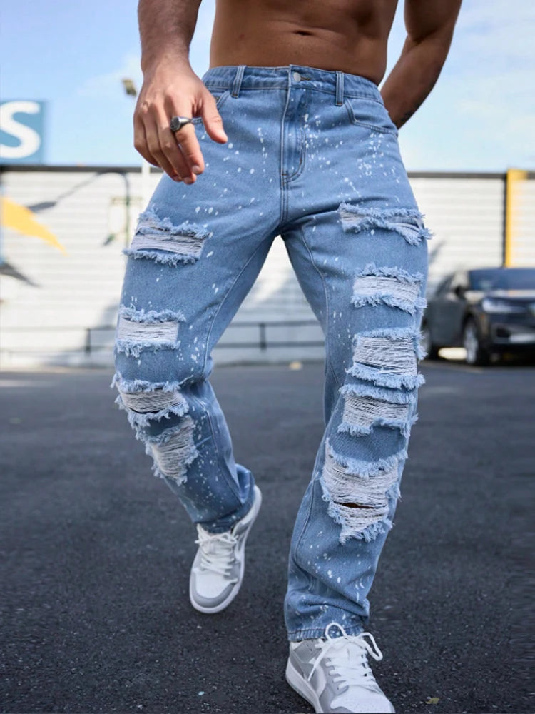 Men's ink-splattered ripped jeans, street-style American hip-hop pants