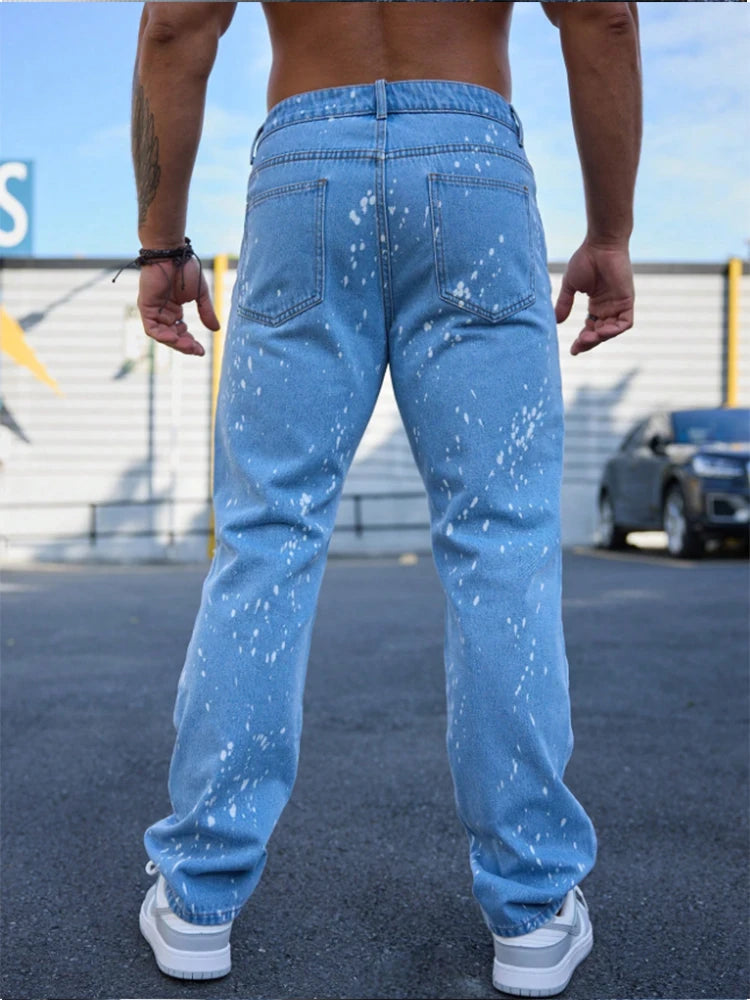 Men's ink-splattered ripped jeans, street-style American hip-hop pants