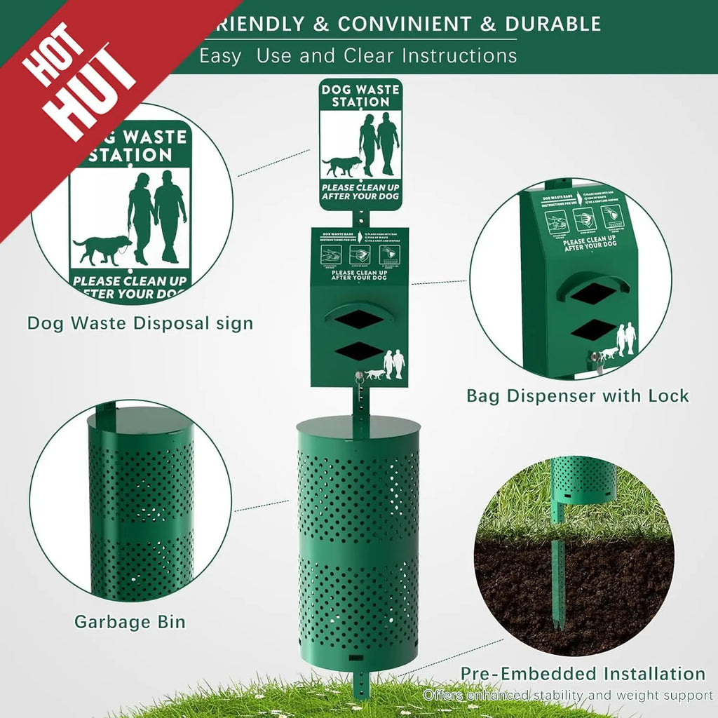 10 Gallon Outdoor Pet Poop Station with Sign & Lid – Durable Trash Bin for Backyard Dog Waste