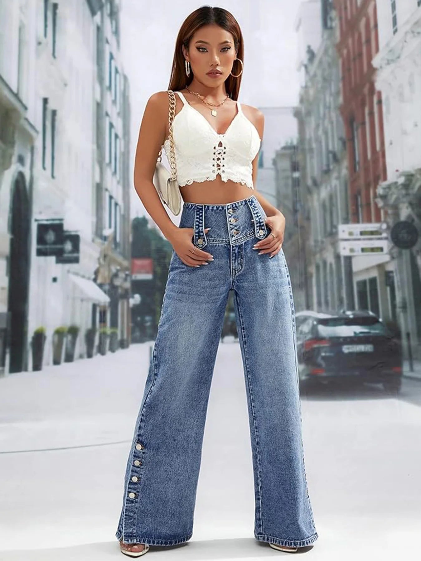 Ladies Wide-Leg Jeans with Buttons, Loose Fit, Mid-Waist, Slightly Stretchy