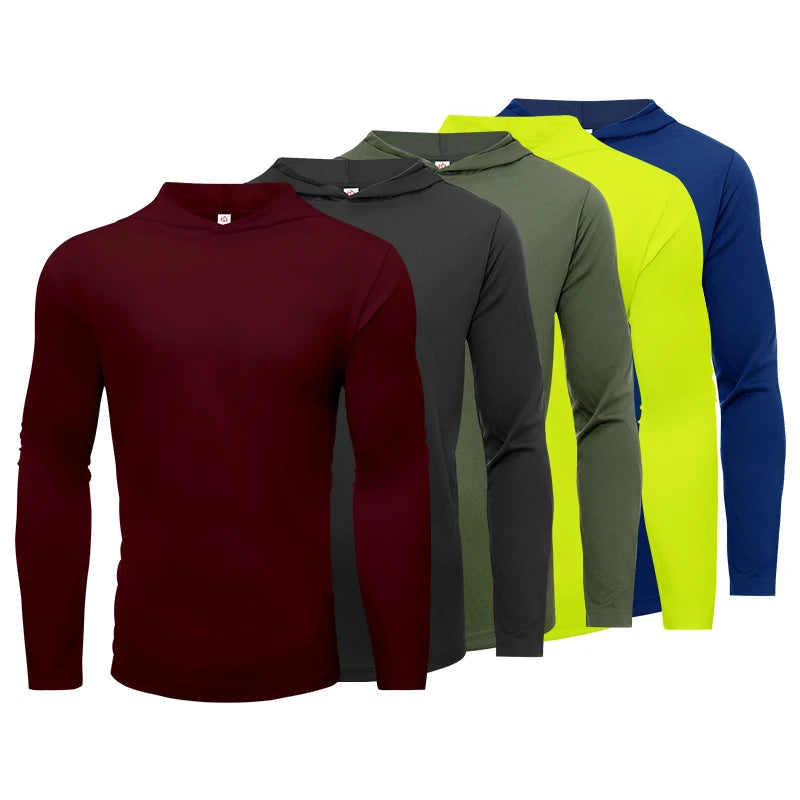 5pcs Men's T-shirt Sports Long Sleeved Shirts Hooded Solid Color Breathable Casual Shirt Suitable