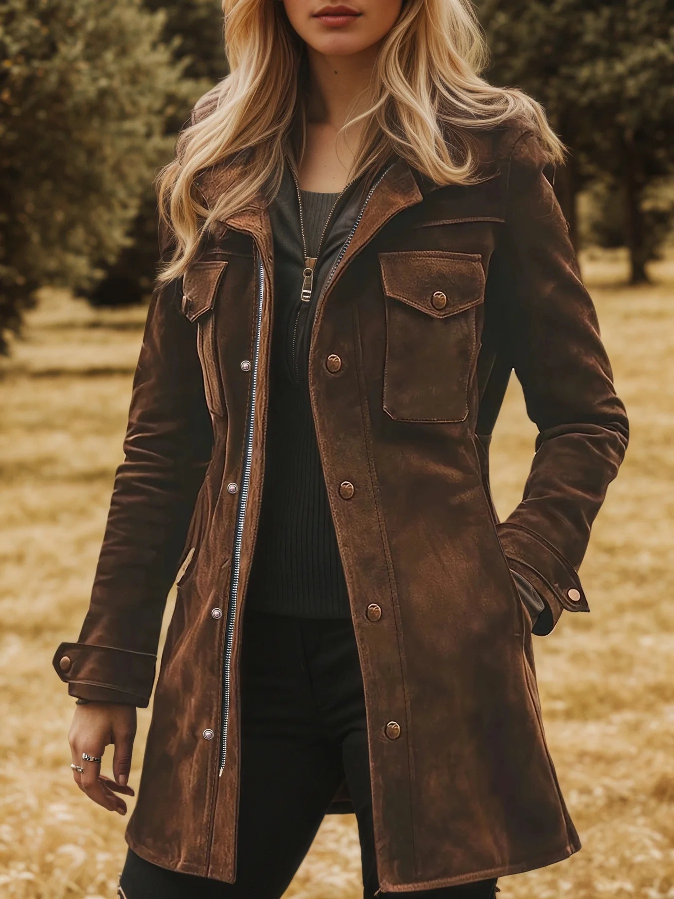 Women's Vintage Suede Turtleneck Casual Jacket, a Versatile and Elegant Mid-Length Coat,