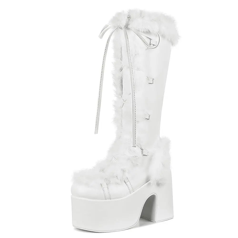 GIGIFOX Fur High Heel Platform Mid-Calf Boots For Women Faux Suede Round Toe Side Zipper Lace-Up