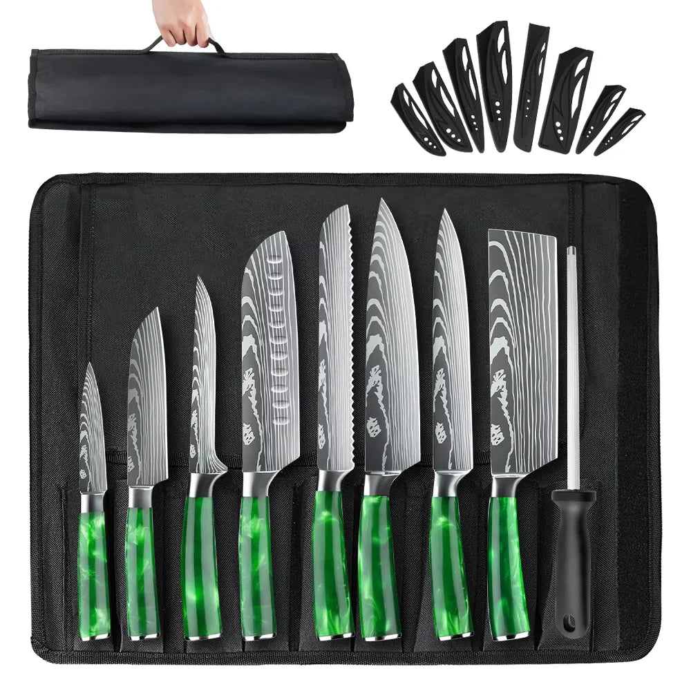 8PCS Resin Handle Carbon Steel Chef Knives Meat Cleaver Fruit Vegetable Slicing