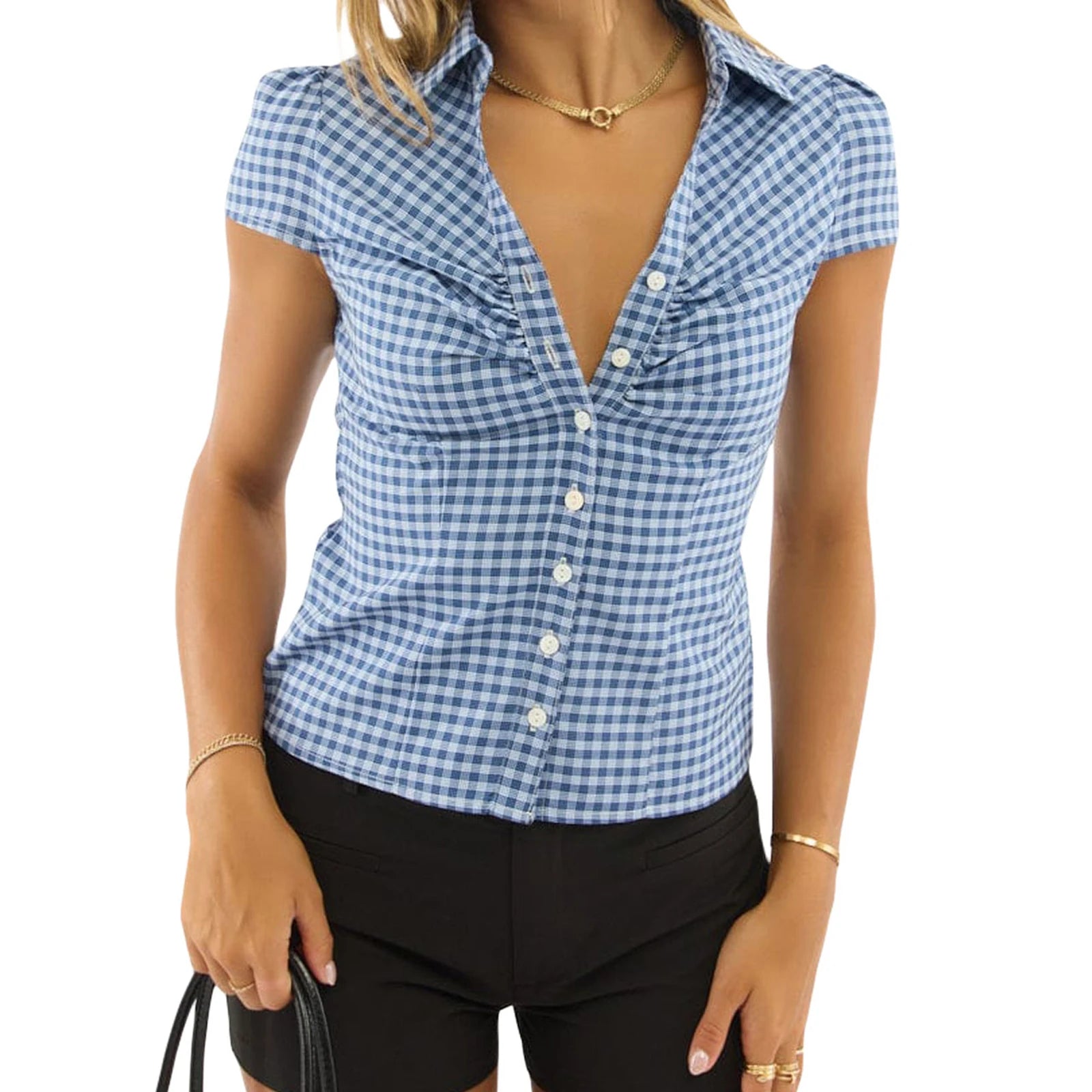 Women s Short Sleeve Plaid Shirt with Button Closure Stylish Summer Top