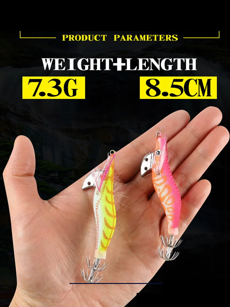 4PCS Fishing Lures Wrapped Prawn Lure Octopus Shrimp Wood Baits Squid Jig Fishing Hooks 8.5CM 7.3G 2.0#