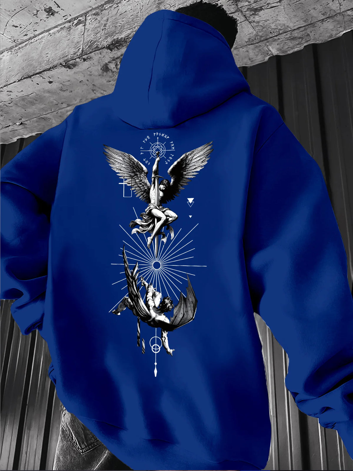 Men's Gothic Angel & Tarot Print Hooded Sweatshirt - Longr, Machine /Fall Layering (Tarot Card Design, Regular Fit)