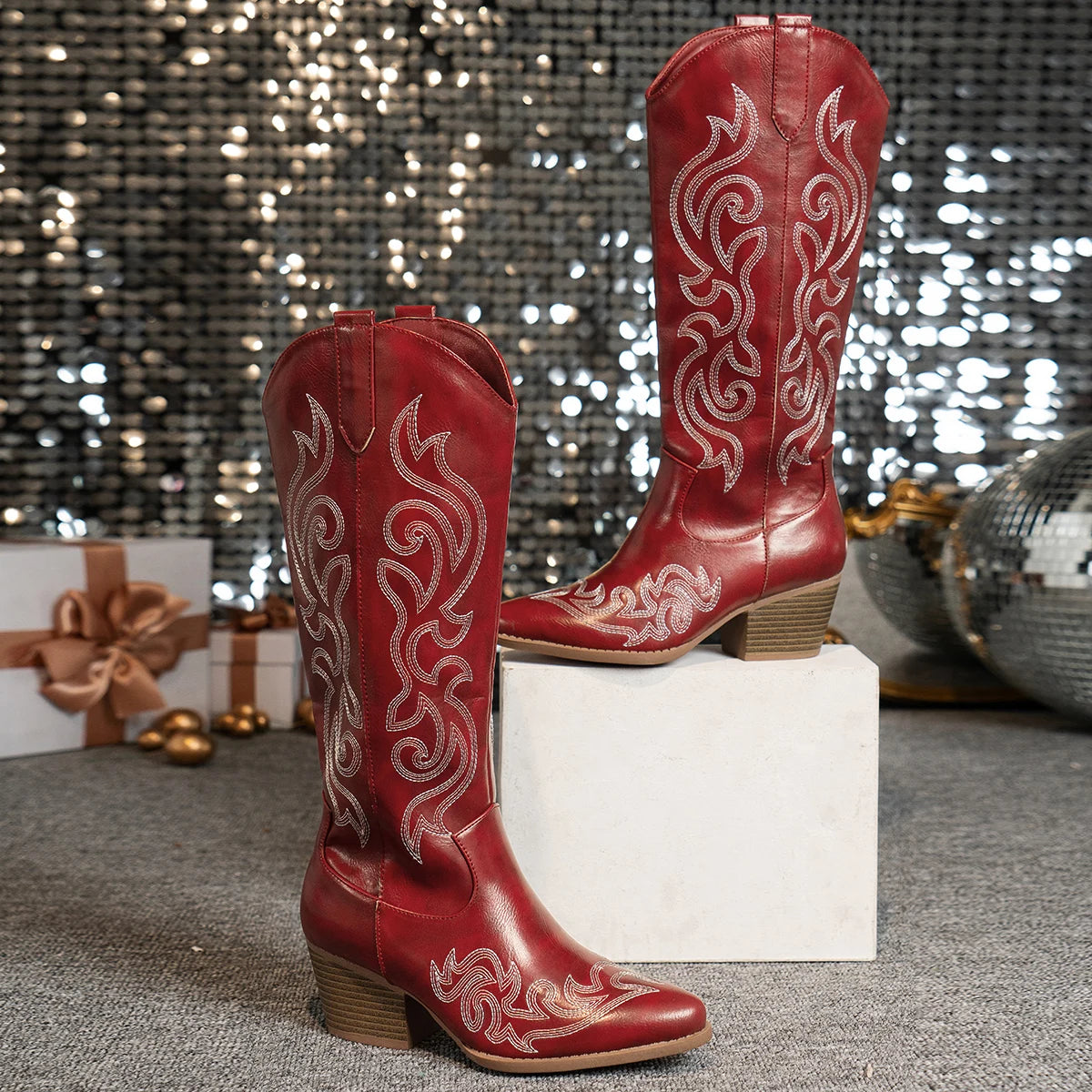 Women's Retro Western Embroidered Cowboy Boots - Pointed Toe High Block Heel, Faux Cover with Fabric Lining