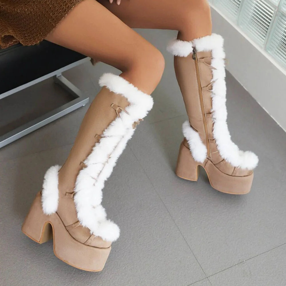 GIGIFOX Fur High Heel Platform Mid-Calf Boots For Women Faux Suede Round Toe Side Zipper Lace-Up